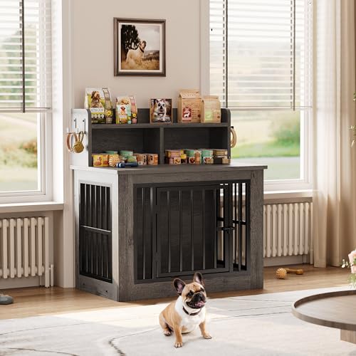 IRONCK Extra Large Dog Crate Furniture, 43.3 inches Wooden Dog Crate with Storage and 4 Hooks, Heavy Duty Pet Crate for Large Dog, Decorative Pet Cage for Indoor (30" L x 43.3" W x 41.1" H)