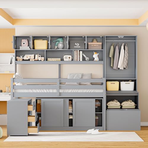 Loft Bed Twin Size, Twin Loft Bed with Rolling Desk and Drawers, Shelves and Wardrobes - Large Storage Space, Shelves and Wardrobes - Space Saving, Low Wood Loft Bed for Bedroom (White)