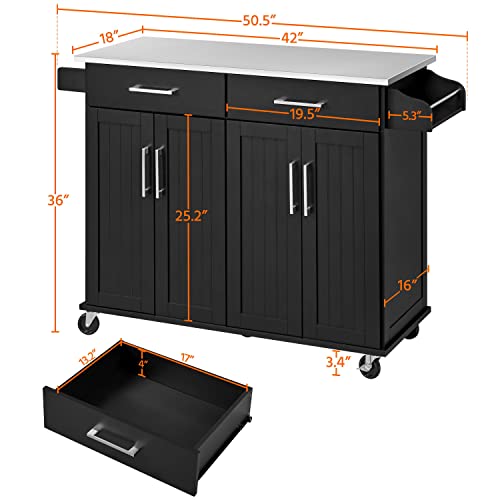 Yaheetech Kitchen Island Cart with Storage & Stainless Steel Countertop, Portable Kitchen Island on Wheels with Cabinet & Adjustable Shelves & 2 Drawers, Rolling Island Table for Kitchen, White