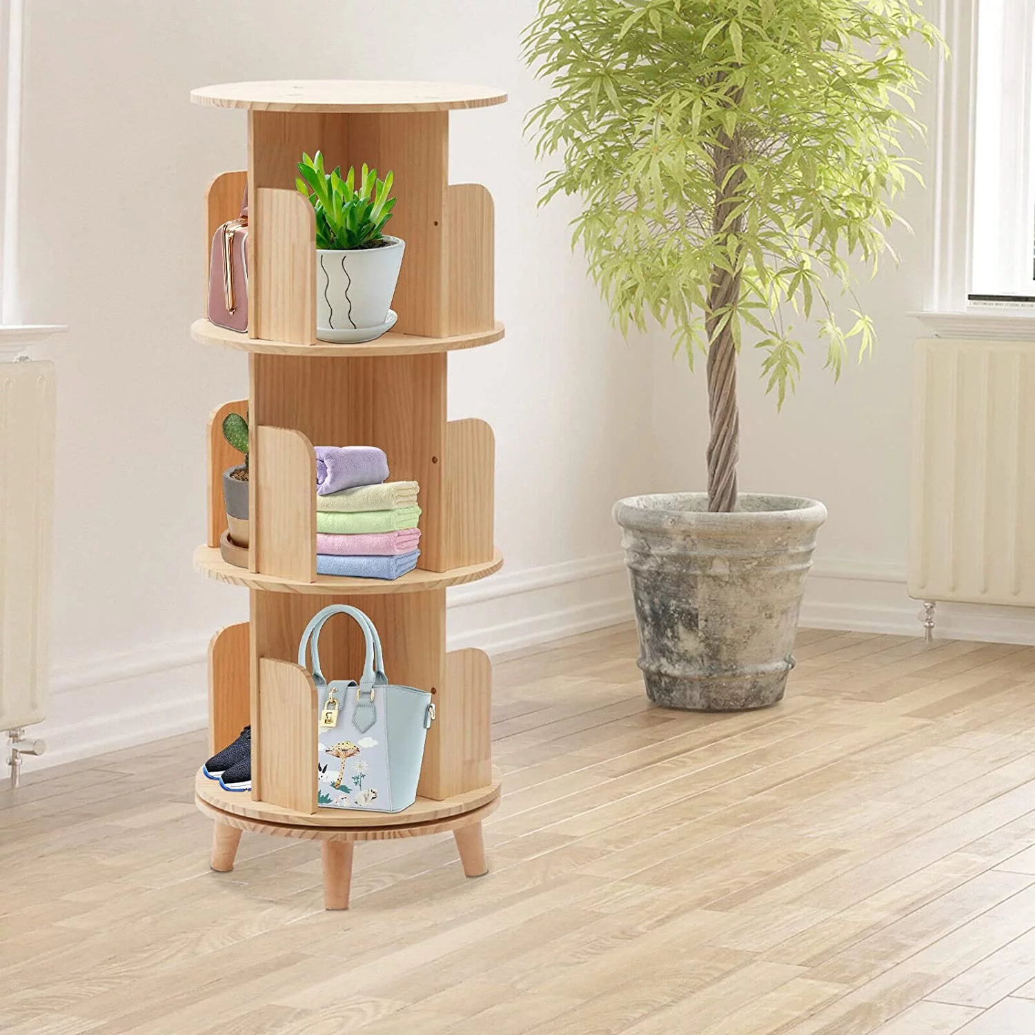 Fichiouy Wood 3 Tier Floor Standing 360 Rotating Bookshelf for Bedroom Living Room Office - Curated Treasures Market