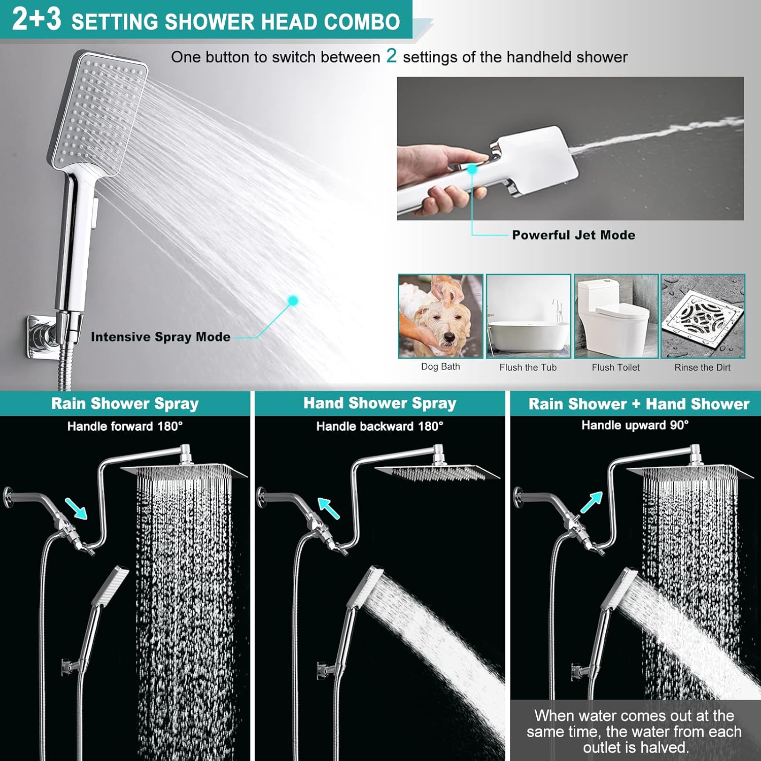 10" High Pressure Rainfall Shower Head with Handheld Combo, Upgrade 12" Extension Arm Height Adjustable, Powerful Stainless Steel Shower Head, Brass Shower Holder Extra Long Shower Hose, Chrome