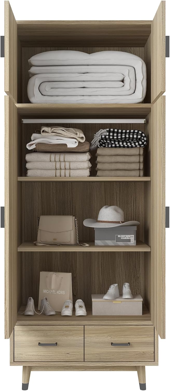 Armoire Wardrobe Closet 2-Door Storage Pantry Cabinet Modern Wood Closet with 2 Drawers, Hanging Rod, Freestanding Pantry Cabinet for Bedroom, Oak