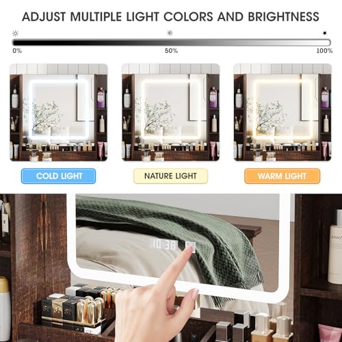 Vabches Makeup Vanity Desk, Vanity Mirror with Lights Desk and Chair,Makeup Table with 3 Large Drawers and 2 Cabinets, Time and Temperature Display, 3 LED Lighting Modes Adjustable, White