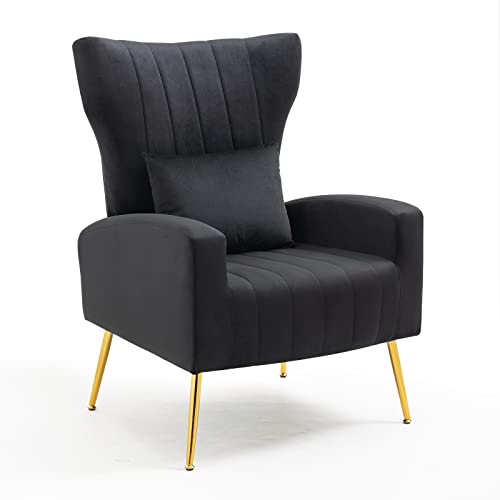 Living Room Chairs Set of 2 Modern Velvet Accent Chairs with Lumbar Pillow, High Back Armchair Arm Chairs with Gold Metal Legs for Bedroom, Green