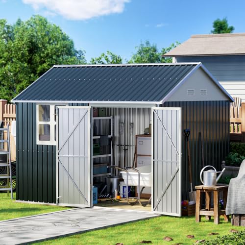 10X12X7.5 FT Outdoor Steel Storage Shed with Lockable Doors, 2 Windows, Transparent Roof Panels (Wood Panels & Frame Floor Not Included), Ideal for Patio Storage,Garbage Can, Chicken Coop，Brown