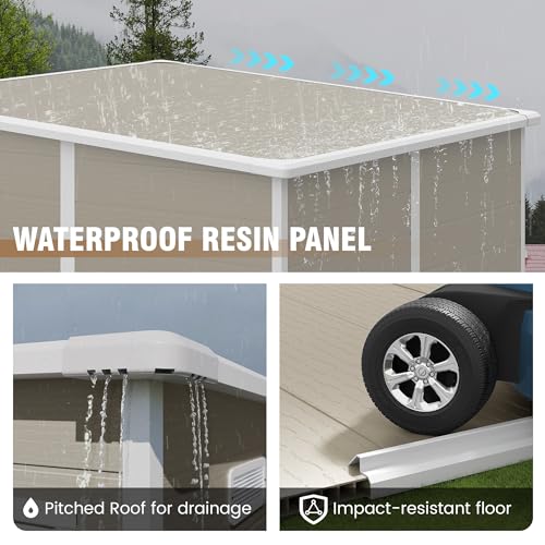 Outdoor Storage Shed, 6x6 FT Resin Shed with Floor and Lockable Door, Window, Vents, Tool Sheds and Outdoor Storage for Bike, Garden Accessories, Tools, Waterproof (Grey & White)