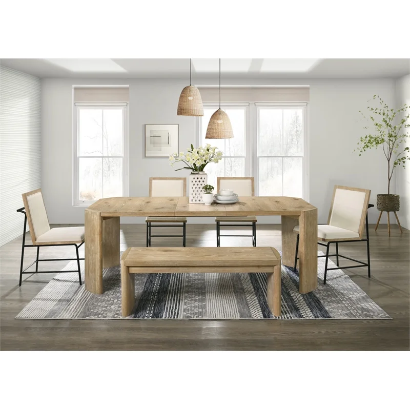 Magnus 6 Piece Oak Finish 84" Extendable Rectangular Dining Table Set Bench