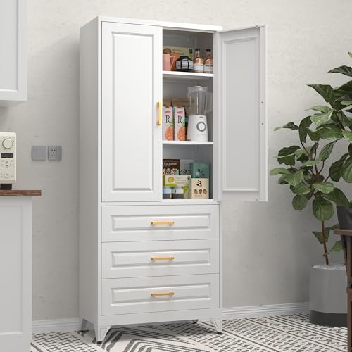 71" Tall Metal Storage Cabinet, Kitchen Pantry Storage Cabinets with Doors and 4 Shelves, White Pantry Cabinet, Utility Kitchen Cupboard, Large Steel Cabinets for Dining Room, Office, Living Room