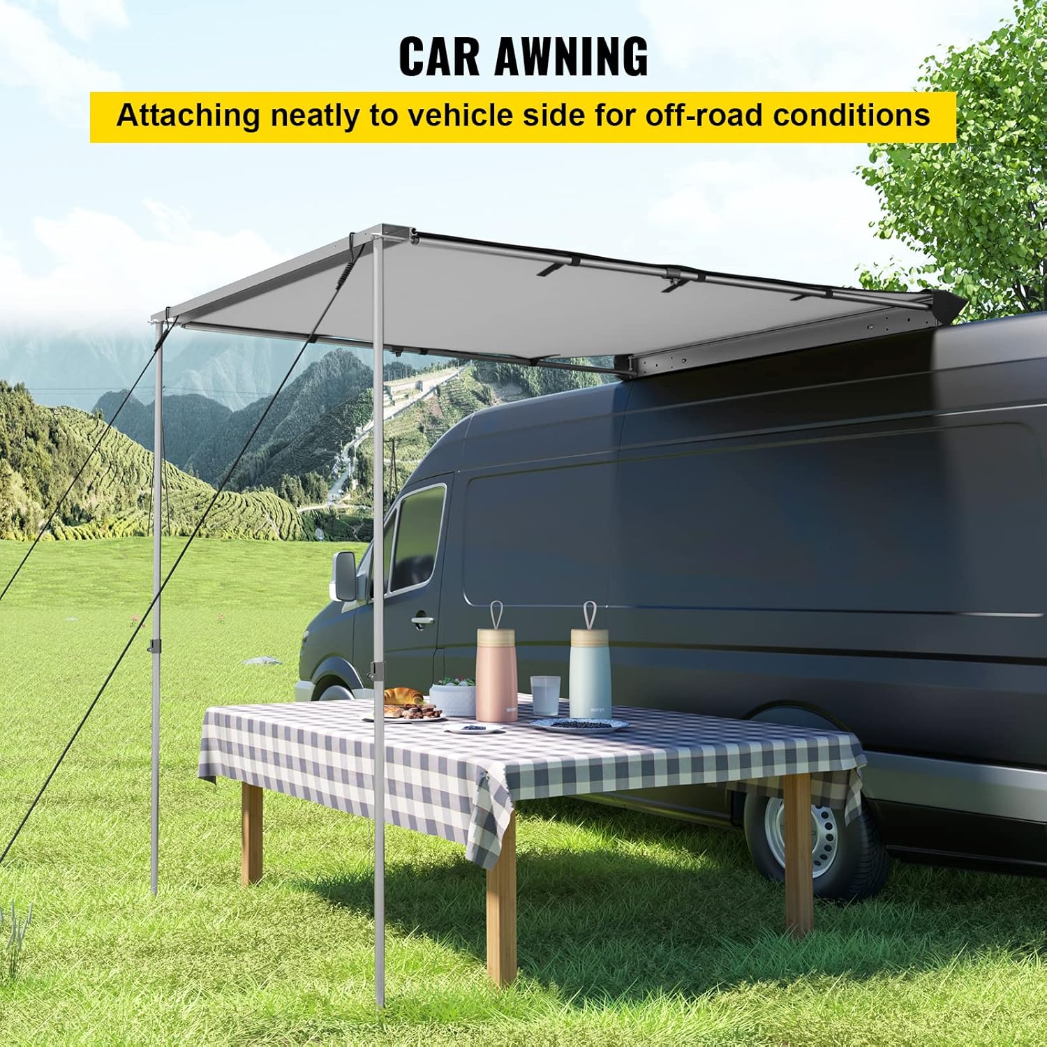 VEVOR Car Side Awning, 4.6'x6.6', Pull-Out Retractable Vehicle Awning Waterproof UV50+, Telescoping Poles Trailer Sunshade Rooftop Tent w/ Carry Bag for Jeep/SUV/Truck/Van Outdoor Camping Travel, Grey