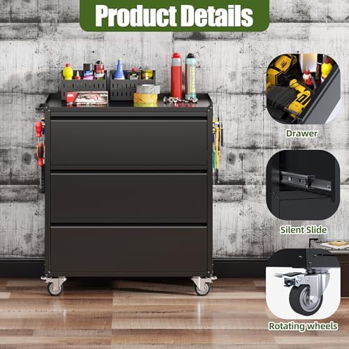 73" H Metal Storage Cabinet with Wheels, Garage Storage Cabinet with 4 Adjustable Shelves and Lockable Doors for Garage Home Office Utility Room,Required Assembly,Black