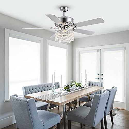 Moooni 52 Inch Modern Reversible Chandelier Fan with Lights and Remote, Elegant Crystal Fandelier Ceiling Light KIt for Bedroom Dining Room Silver