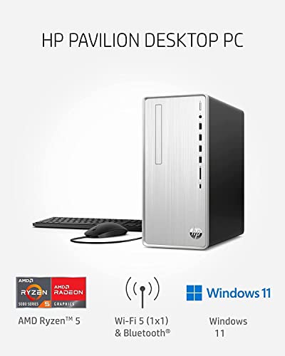HP Pavilion Desktop PC, AMD Ryzen 5 5600G, 12GB RAM, 1TB HDD, 256GB SSD, Wi-Fi, Bluetooth, 9 USB Ports, Windows 11, Pre-Built PC Tower Bundle with JAWFOAL