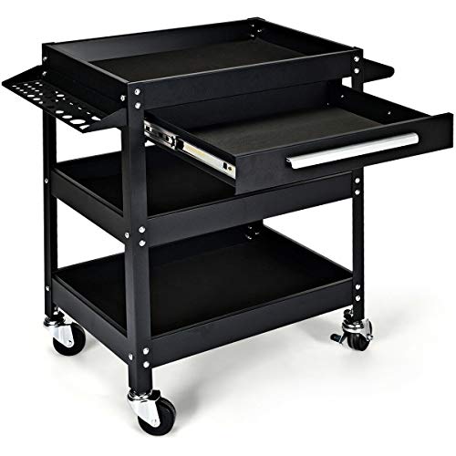 Goplus 3 Tier Rolling Tool Cart, 330 LBS Capacity Heavy Duty Utility Cart Tool Organizer with Storage Drawer, Industrial Commercial Service Tool Cart for Mechanics, Garage, Warehouse & Repair Shop