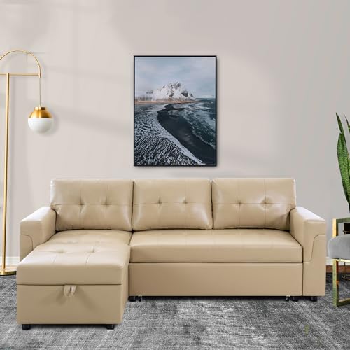 Naomi Home Jenny Sectional Sofa Sleeper with Storage Chaise, Tufted Pull Out Couch with Storage, L-Shaped Reversible Sleeper Sofa with Storage, Black,Air Leather