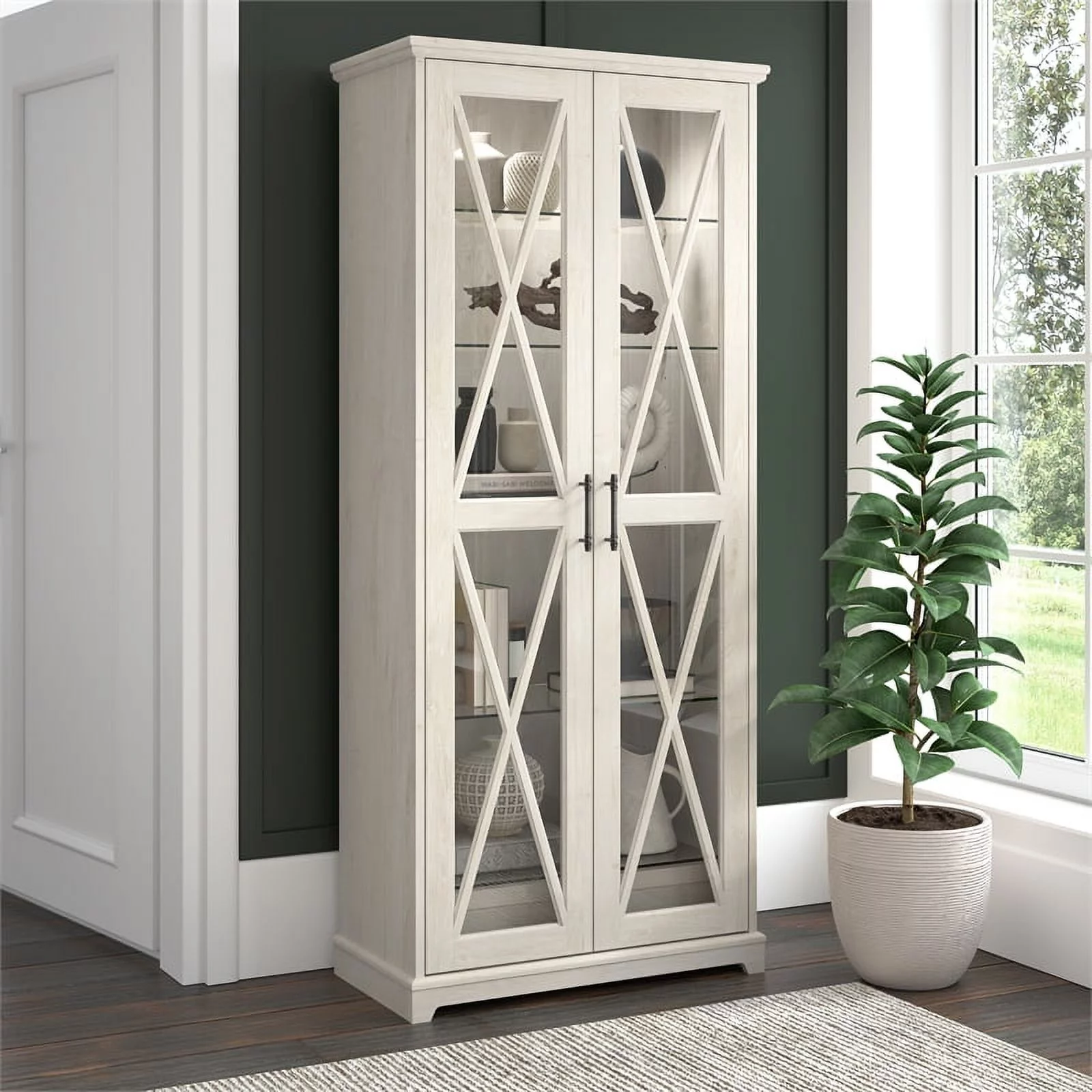 Bowery Hill Engineered Wood Curio Cabinet with Glass Doors in Linen White Oak