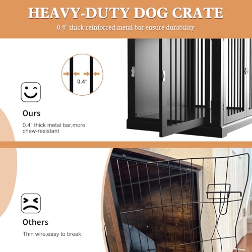 Large Dog Crate Furniture, Wooden Dog Kennel with Cushion, Dog Crate End Table Large, Indoor Dog Kennel, Modern Decorative Dog Crates with Flip Top, Chew-Proof Metal Bars, Black