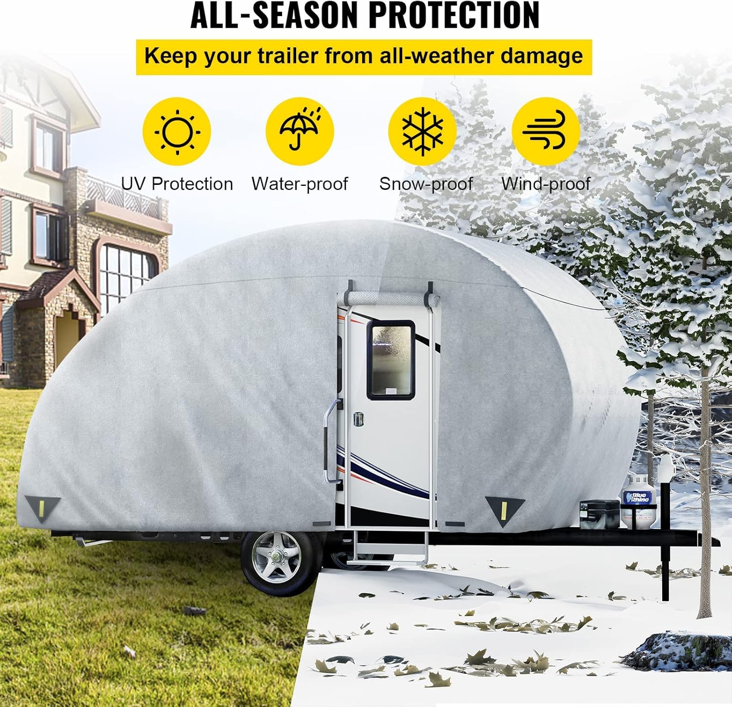 VEVOR Teardrop Trailer Cover, Fit for 8' - 10' Trailers, Upgraded Non-Woven 4 Layers Camper Cover, UV-proof Waterproof Travel Trailer Cover w/ 2 Wind-proof Straps and 1 Storage Bag