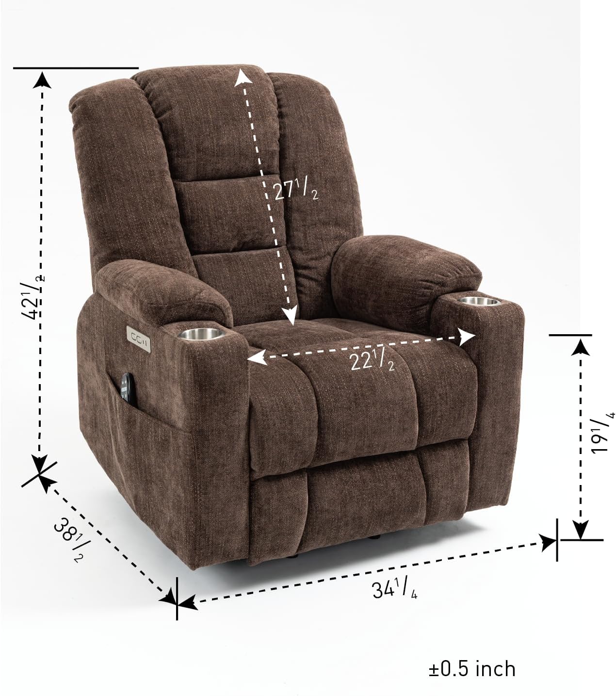 Large Power Massage and Heat for Elderly, Overstuffed Wide, Heavy Duty Motion Mechanism with USB and Type C Ports Lift Recliner Chair, Brown