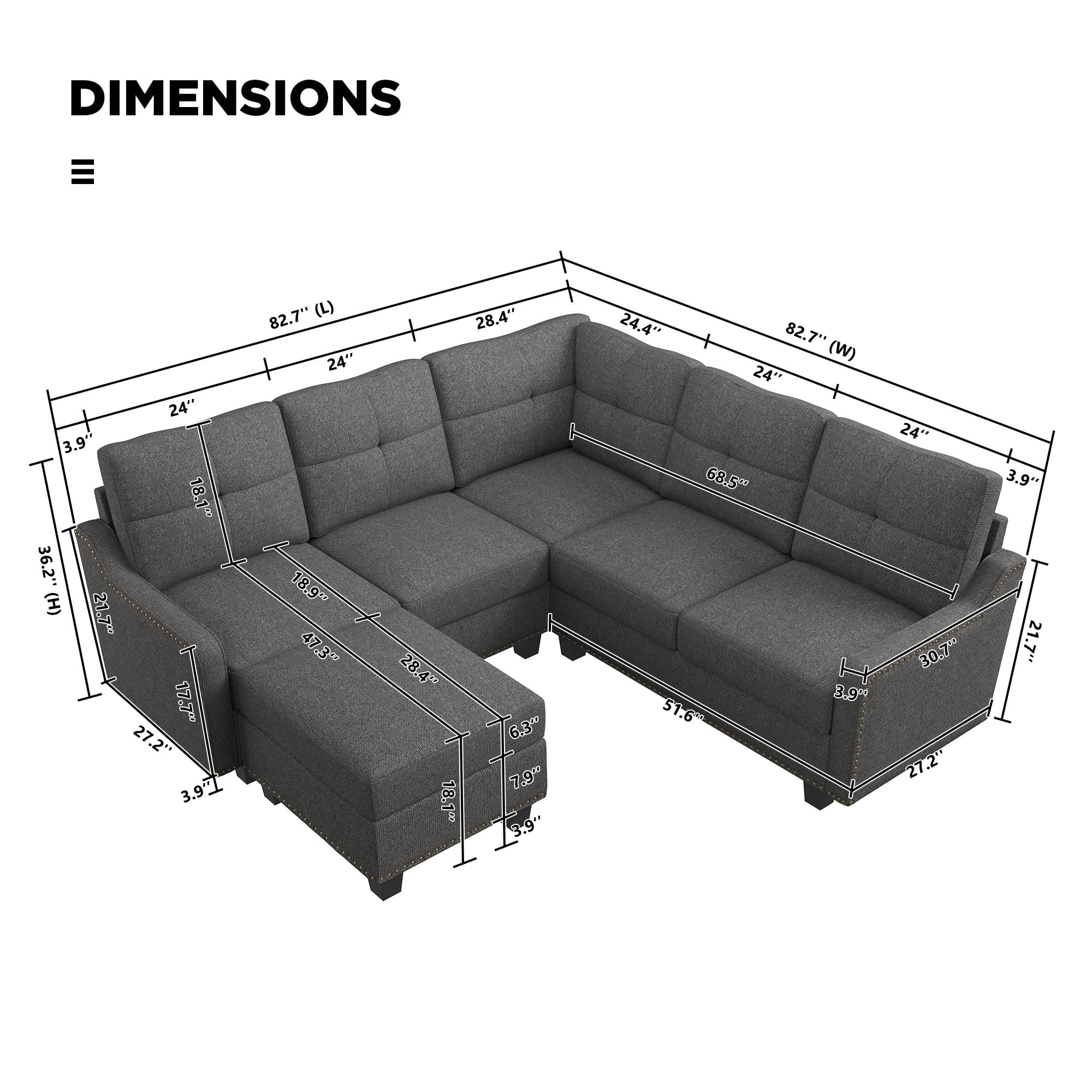 HONBAY Modern Convertible Nailhead Trim Sofa Set with Storage Ottoman, Dark Gray Sofa Set for Living Room - Curated Treasures Market