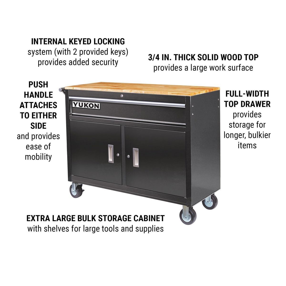 YUKON 46 in. Mobile Workbench with Solid Wood Top, Red