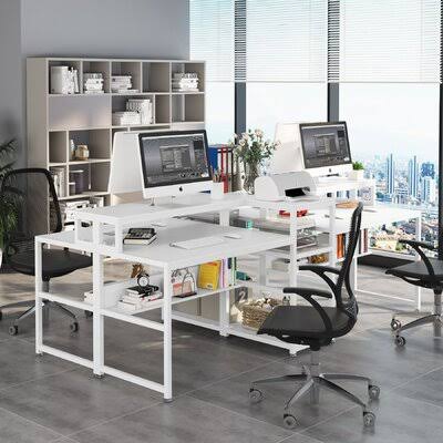 94.5 inch Extra Long Double Computer Desk with Storage Shelf, Printer Shelf, Large Office Desk Study Writing Table for Home Offi