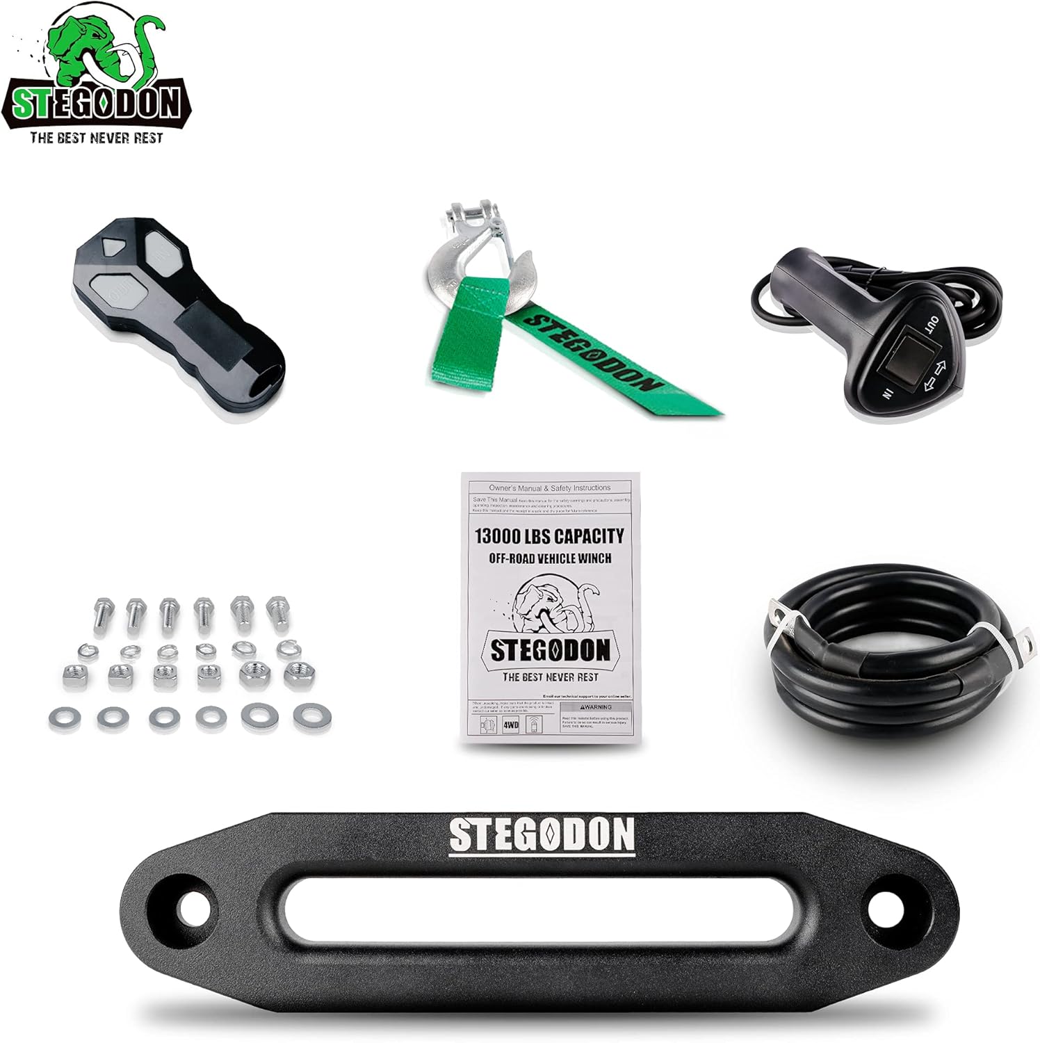 STEGODON New 13000 lb. Load Capacity Electric Winch T3,12V Synthetic Rope Electric Winch with Hawse Fairlead,Waterproof IP67 Winch with Wireless Handheld Remotes and Wired Handle(All Black)