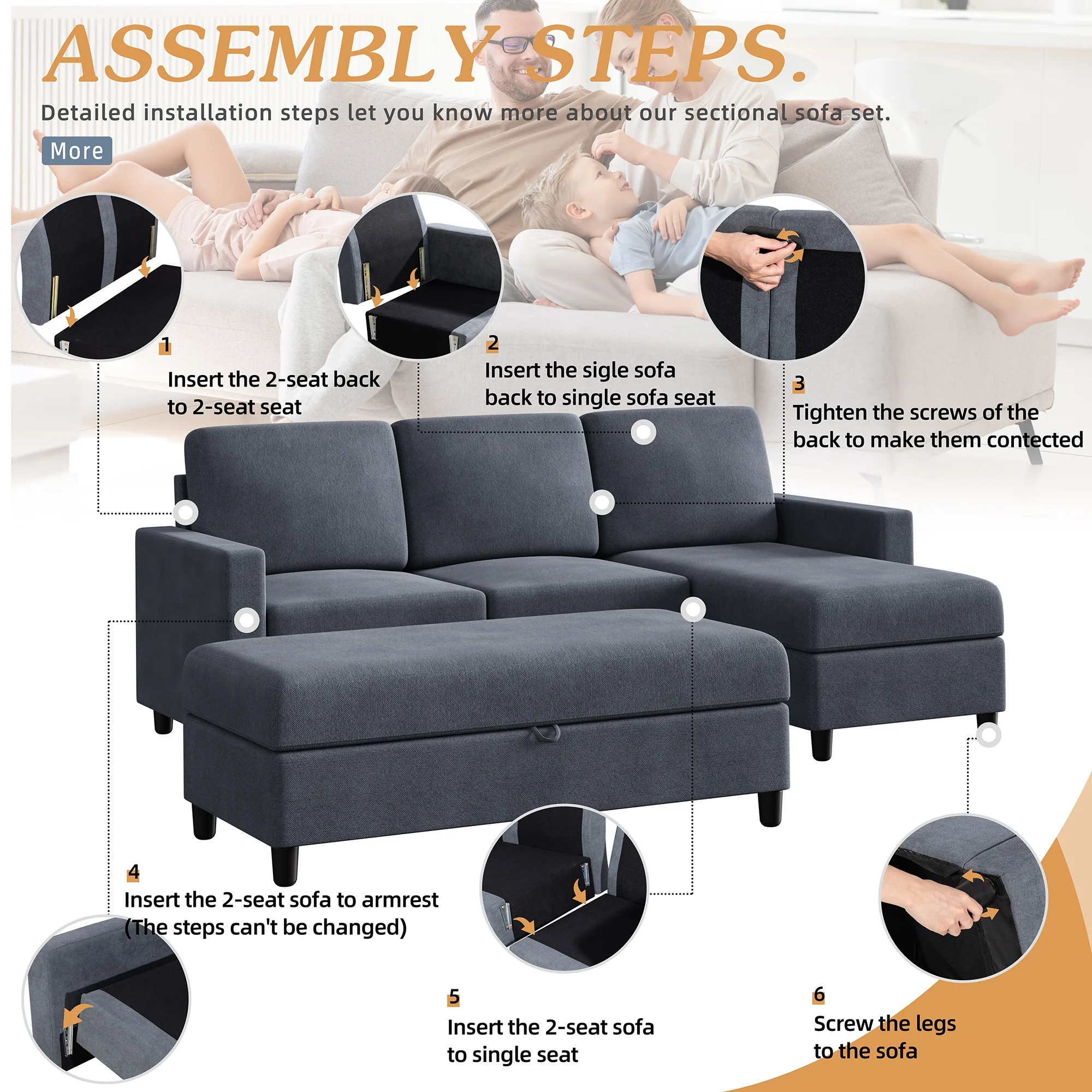 Sobaniilo Soft Couches Set, Convertible Sectional Sofa with Storage Ottoman, Fabric Couches Set for Living Room, Dark Grey