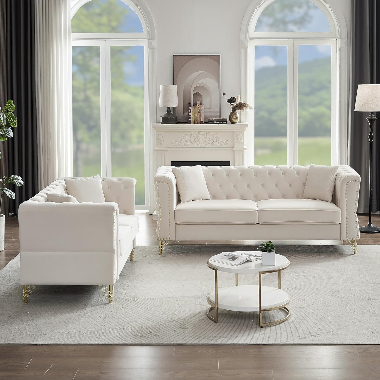 3-seater + 2-seater Combination Sofa Tufted Couch with Rolled Arms and Nailhead for Living Room, Bedroom, Office, Apartment, four pillows (Beige)