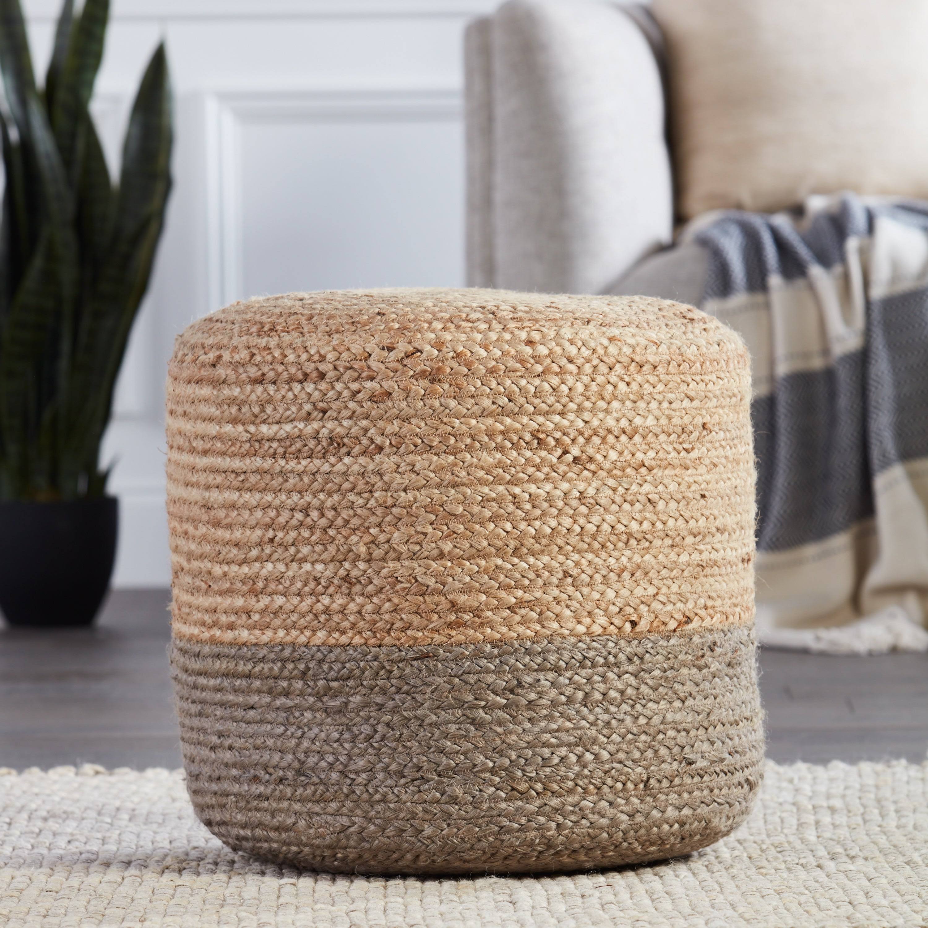 The Curated Nomad Camarillo Ombre Braided Jute Cylinder Pouf - White/Beige