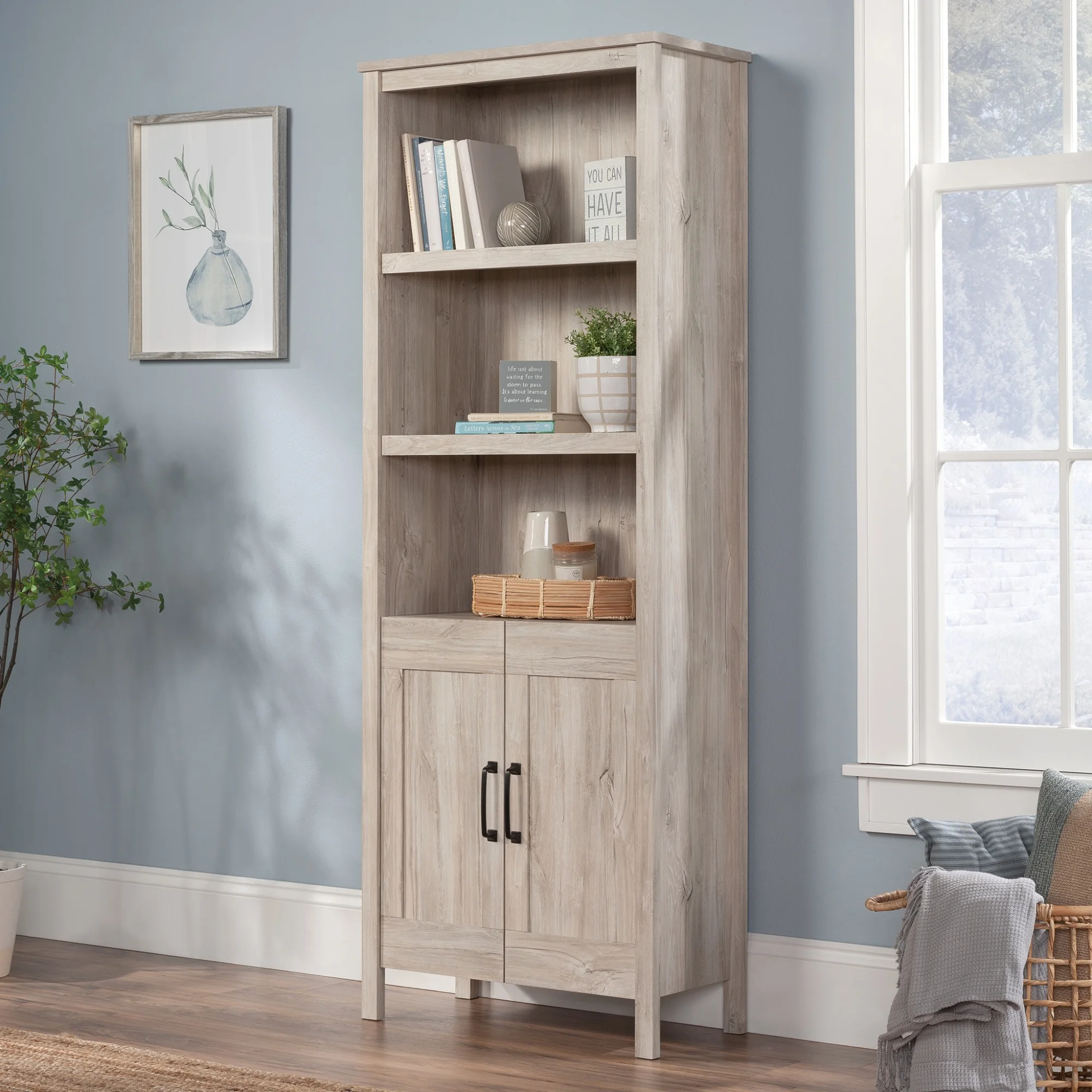 Sauder Select Engineered Wood Bookcase with Doors in Chalk Oak Finish