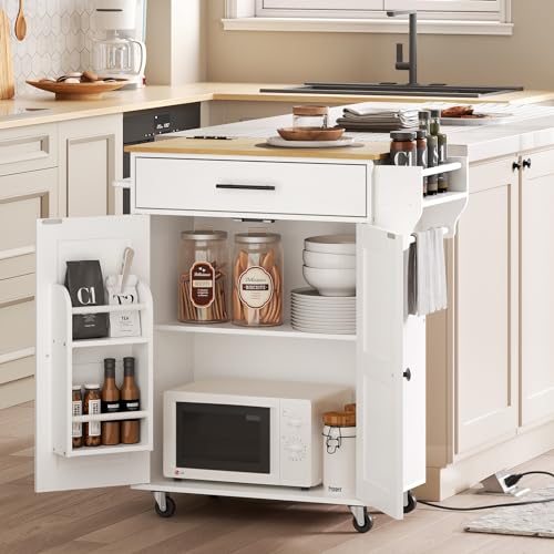 HOOBRO Kitchen Island with Power Outlet, Kitchen Island Storage Island with Large Worktop, Spice Rack and Drawer, Rolling Kitchen Cart on Wheels, for Kitchen and Dining Room, Rustic Brown and Black