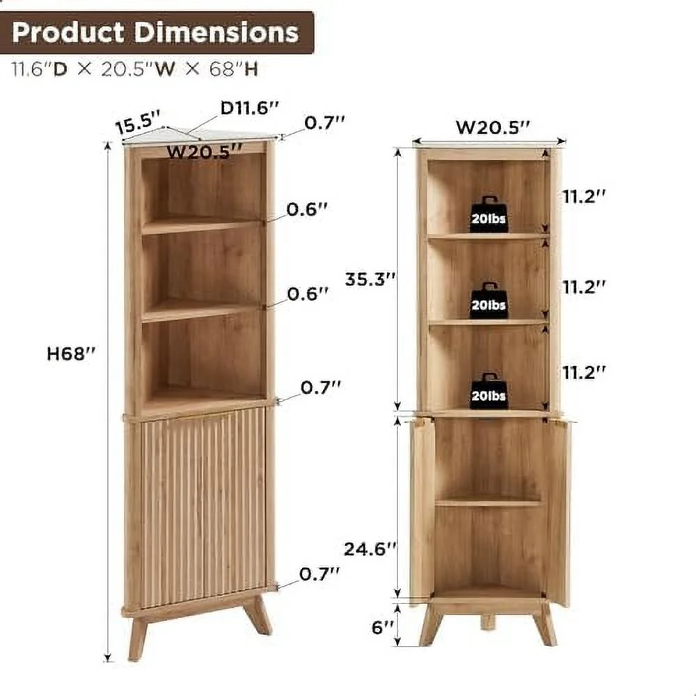 SQFHV Fluted Corner Cabinet  68" Tall Modern  Cabinet with Faux Marble Top and Adjustable Shelves  Curved Profile Bookshelf for Bathroom  Kitchen  Living Room  Dining Room  Natural Oa - Curated Treasures Market
