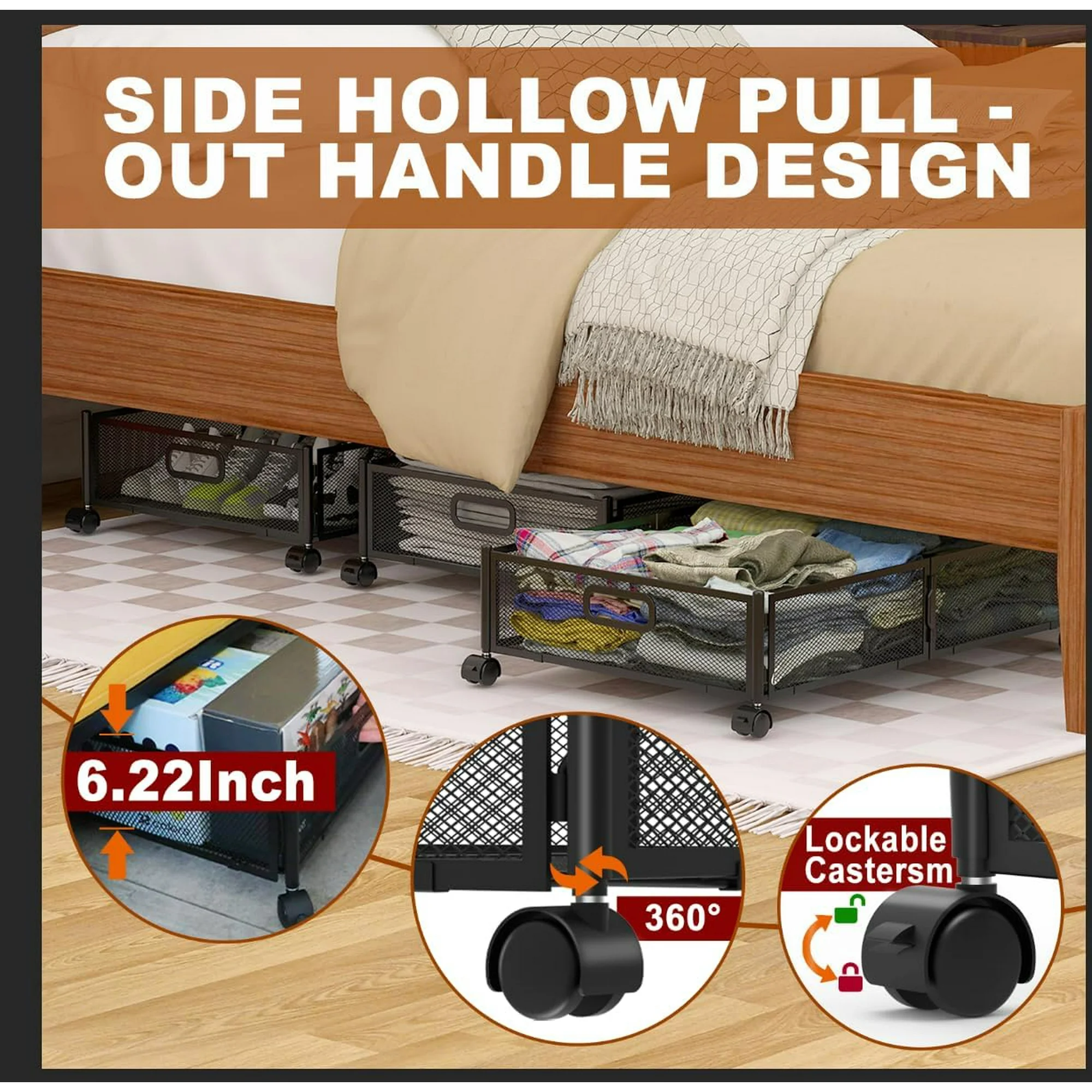 Under Bed Storage Containers,2 Pack Foldable Underbed Storage Containers with Handles and Wheels,Folding Bed Shoes Clothes Organizer,Easy Assembly Underbed Storage for Toy,Bedding,Bedroom(Black)