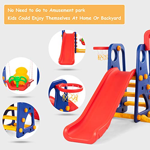 Costzon Toddler Long Slide Set, 3-in-1 Large Climber Playset w/Basketball Hoop, Stairs, Thickened Panel, Playground Swing for Indoor Outdoor Backyard 3-10 Gifts Presents