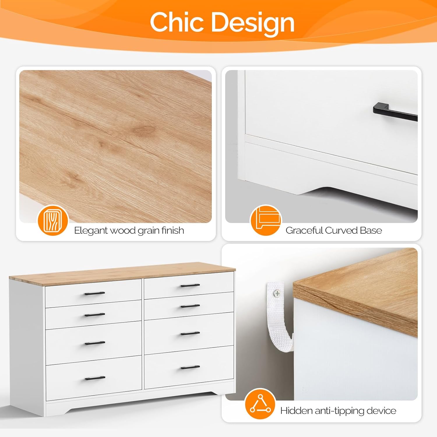 VINGLI 8 Drawer Dresser for Bedroom, White Dresser, Kids Dresser Wood Chest of Drawers, Baby Dresser for Nursery, Nursery Dresser, Storage Dresser Cabinet, Long Dresser, Modern Dresser, Brown Top