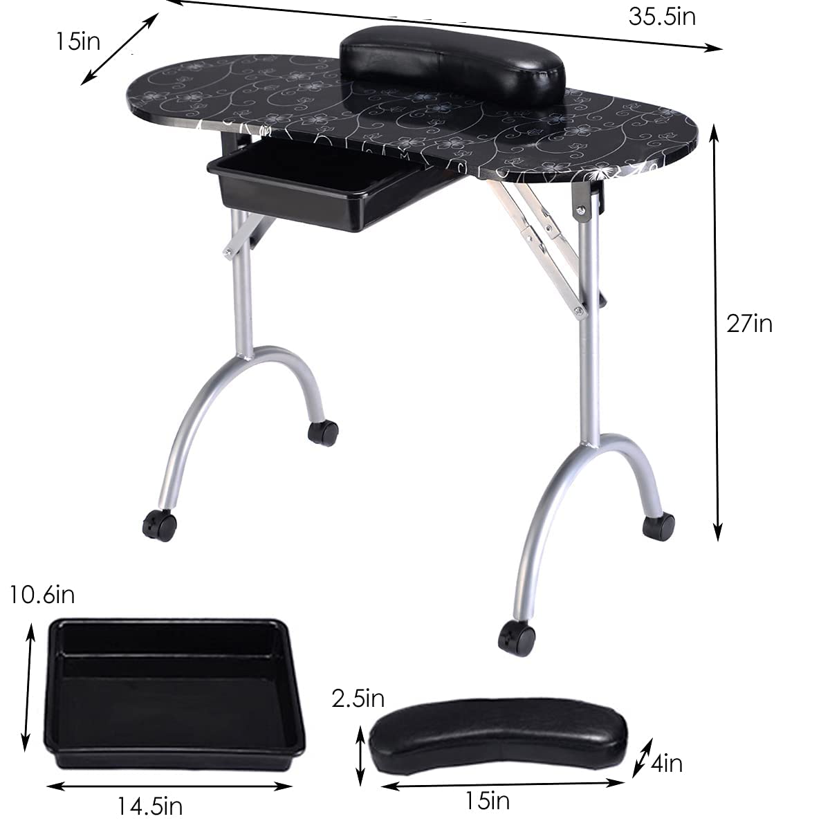 Giantex Portable Manicure Table, Foldable Nail Tech Table with Large Drawer, Wrist Rest, 4 Lockable Casters, Carrying Bag, Nail Salon Table Nail Desk Station for Technician, Black