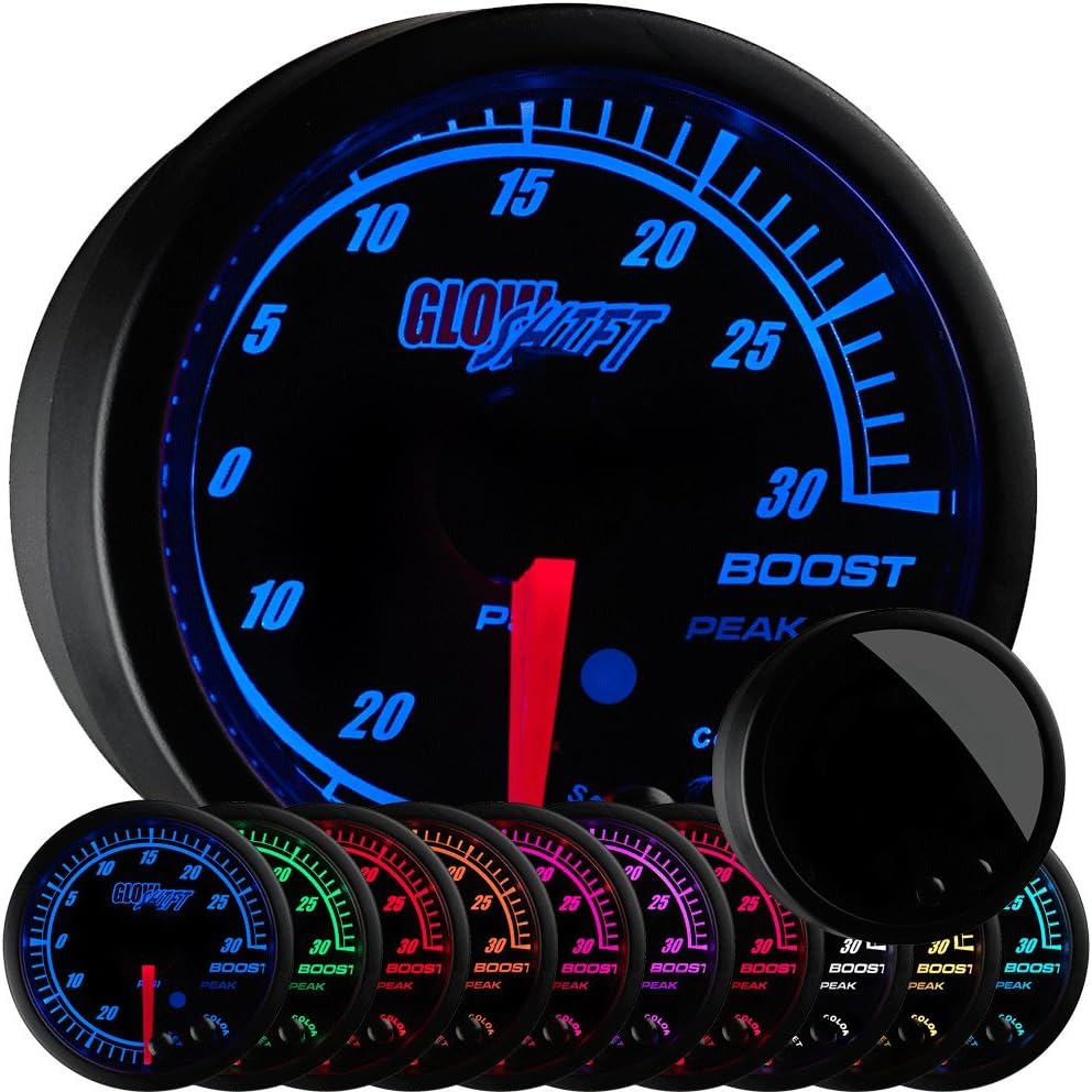 GlowShift Elite 10 Color 30 PSI Boost/Vacuum Gauge Kit - Includes Electronic Pressure Sensor - Black Dial - Tinted Lens - Peak Recall Function - for Car & Truck - 2-1/16" 52mm