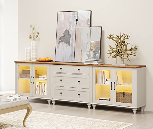 WAMPAT 3-in-1 Sideboard Buffet Cabinet with Storage, Kitchen Pantry Storage Cabinet with Glass Door & Drawer, Console Table Entertainment Center for Living Room Dining Room, Off White