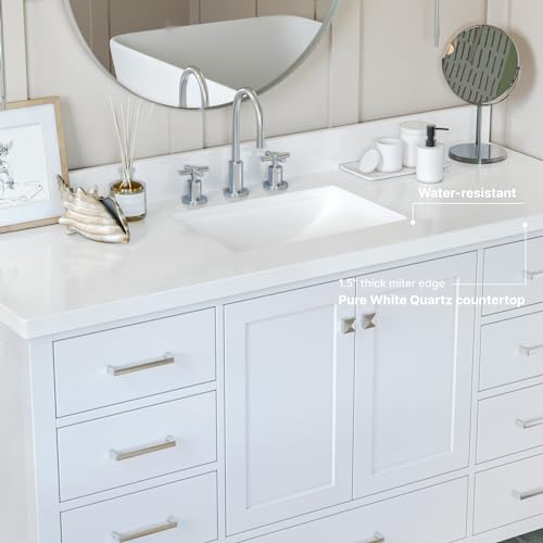 ARIEL 61" White Bathroom Vanity with 1.5" Edge Italian Carrara Marble Countertop & Backsplash, Center Rectangular Sink, 2 Soft Closing Doors, 9 Full Extension Dovetail Drawers, Brushed Nickel