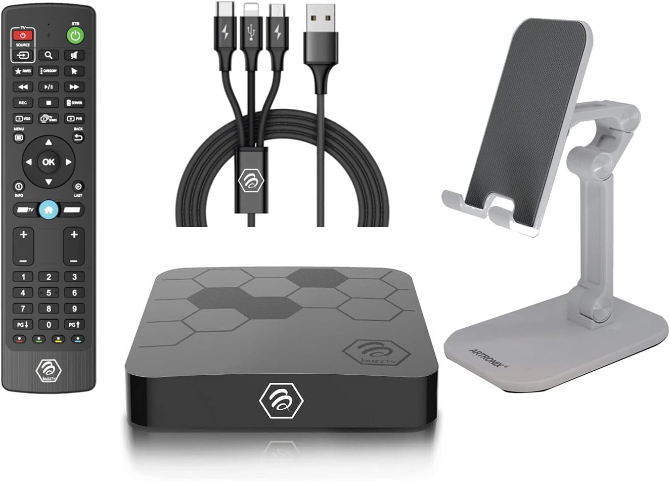 BuzzTV XRS4500 Max Android 9 4GB Ram 128GB Storage 4K Ultra HD + Extra Cell Phone Tablet Desk Stand + Extra 3 in 1 Phone Charger