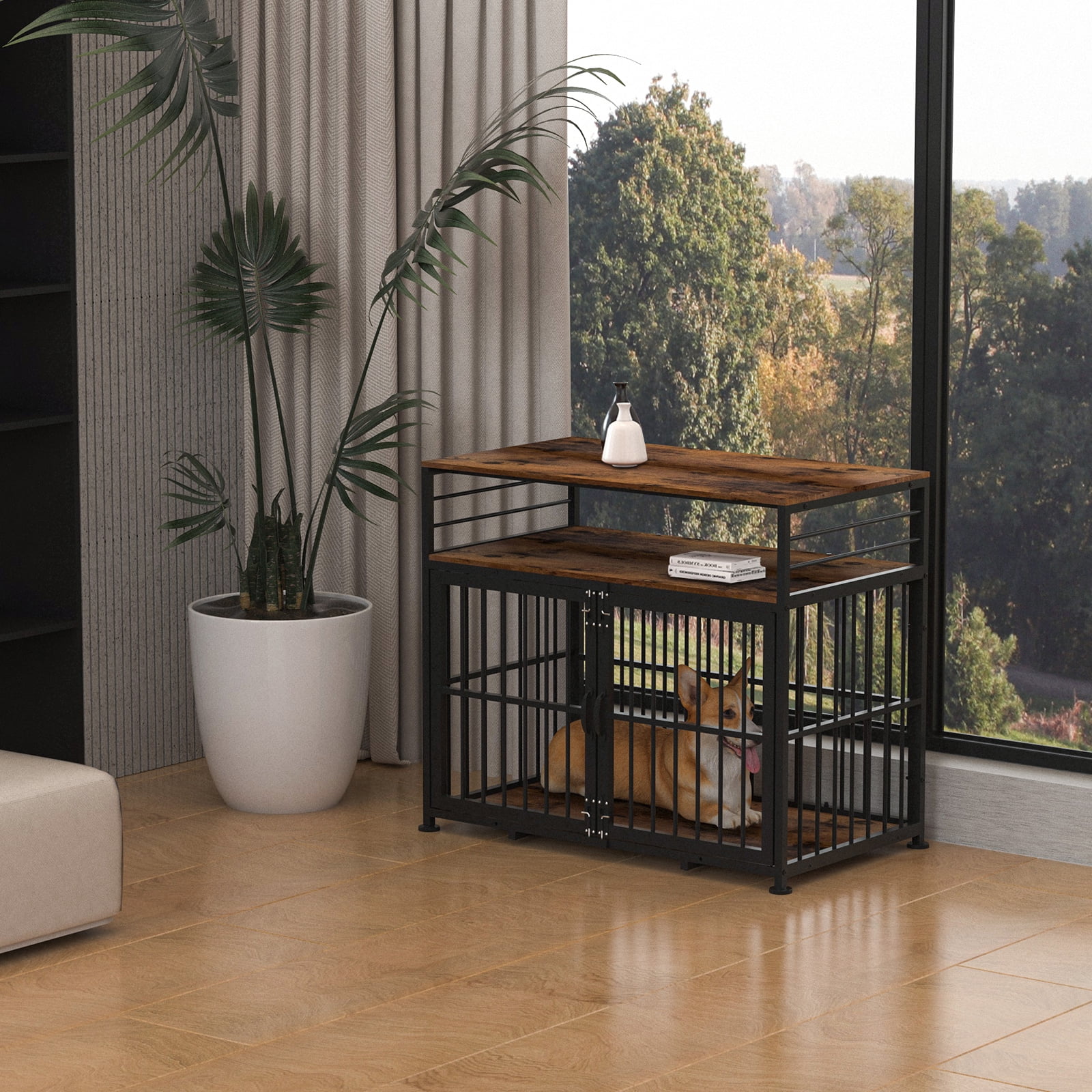 NBTiger Dog Crate Furniture with Storage Shelf, Wooden Puppy Kennel for Small Medium Large Dogs, 40" Decorative Pet Cage House End Table Indoor, Brown