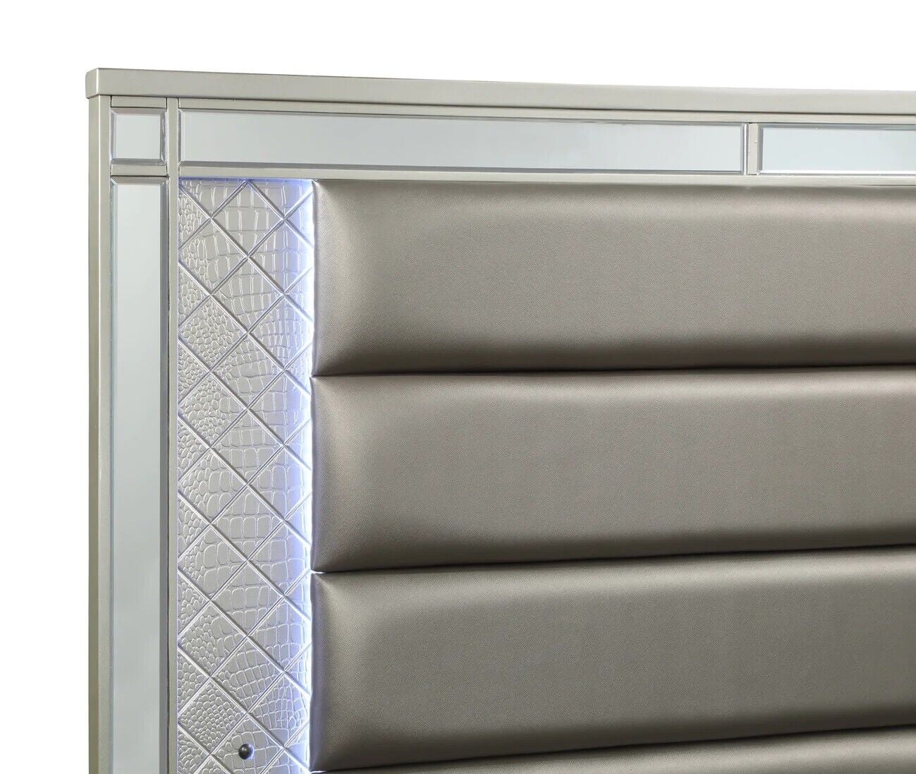 Modern Glam Style 4pc King Size Upholstery LED Bed Dresser Mirror Nightstand Wooden Master Bedroom Furniture Set