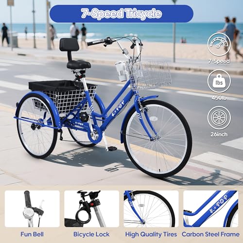 26 Inch Tricycle for Adults, 7 Speed Beach Cruiser Bike Adult Tricycles for Women Men, 3 Wheel Bikes for Adults Large Seat with Backrest, Three Wheel Bikes with Front & Rear Baskets