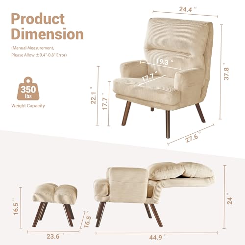 Reading Chair with Ottoman Indoor - Comfy Accent Chair with Ottoman Lounge Chair Armchair,Living Room Chair and Ottoman Set,Bedroom Lazy Chair Adjustable Thick Padded Backrest (Green)