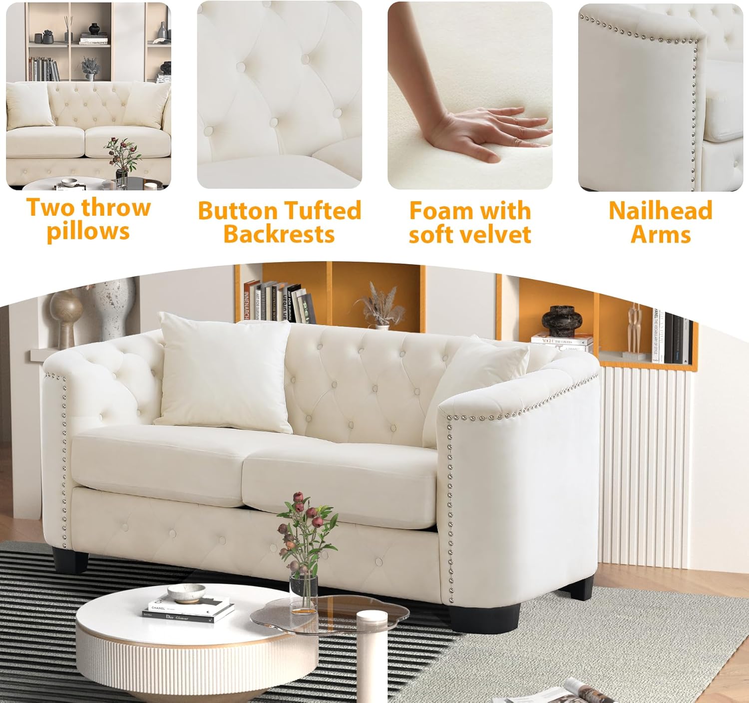 77 Inch Sofa Couch, Modern Velour Upholstered Couch Tufted Velvet Casual Sofa High Nailhead Arms Decor with 2 Pillows Big Comfy Couch Sofas for Living Room,3-Seater Couch,Beige