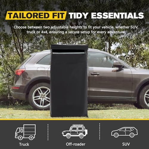 BUNKER INDUST Vehicle Side Shower Tent with Roof, Car Portable Privacy Shower Bathroom, Outdoor Camping Awning Shower Room Waterproof, Built-in LED Light for Night, Black