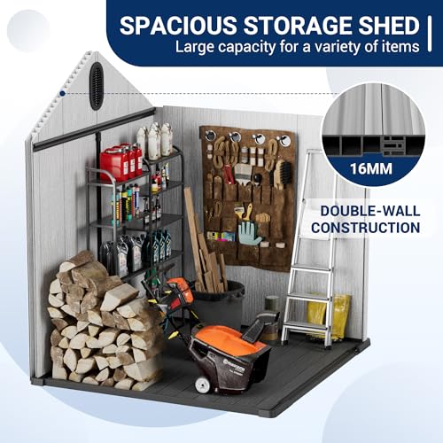 6x6 FT Outdoor Resin Storage Shed, Plastic Shed w/Air Vents & Window for All Weather Resistant, with Floor & Lockable Door, Waterproof for Bike, Garbage Cans, Tools