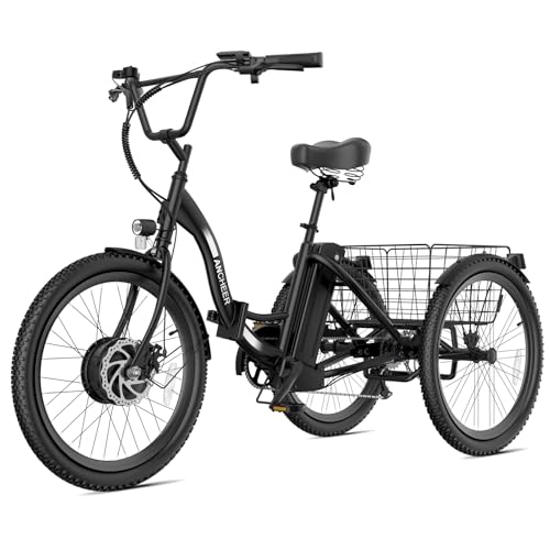 ANCHEER Electric Tricycle for Adults, 350W(Peak 550W) Etrike, 48V/499Wh Ebike, 24" Folding 3 Wheel Electric Trike, 15.5MPH & 55Miles Electric Bike, Rear Differential, Rear Basket