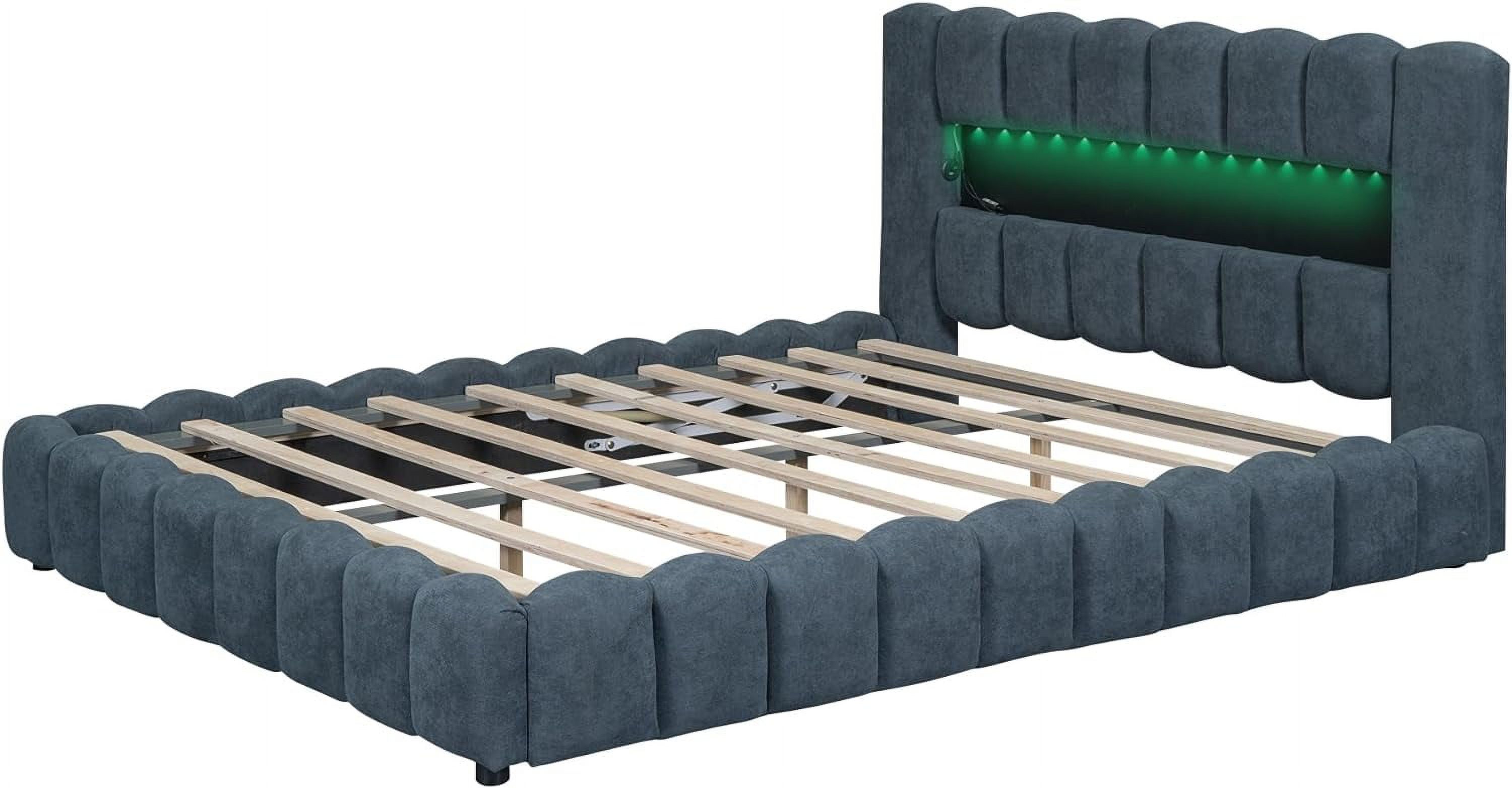 Upholstered Queen Size Bed With Lift Up Storage, USB Ports And LED Headboard, Linen Queen Platform Bed With Slats Support, No Box Spring Needed, Easy Assembly, Deep Blue