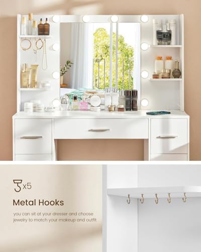 Quimoo Large Vanity Desk with LED Lighted Mirror & Power Outlet,Makeup Vanity Table with 7 Drawers,4 Shelves and 5 Hooks,Vanity Table, Vanity Desk Set for Bedroom,Bathroom,White